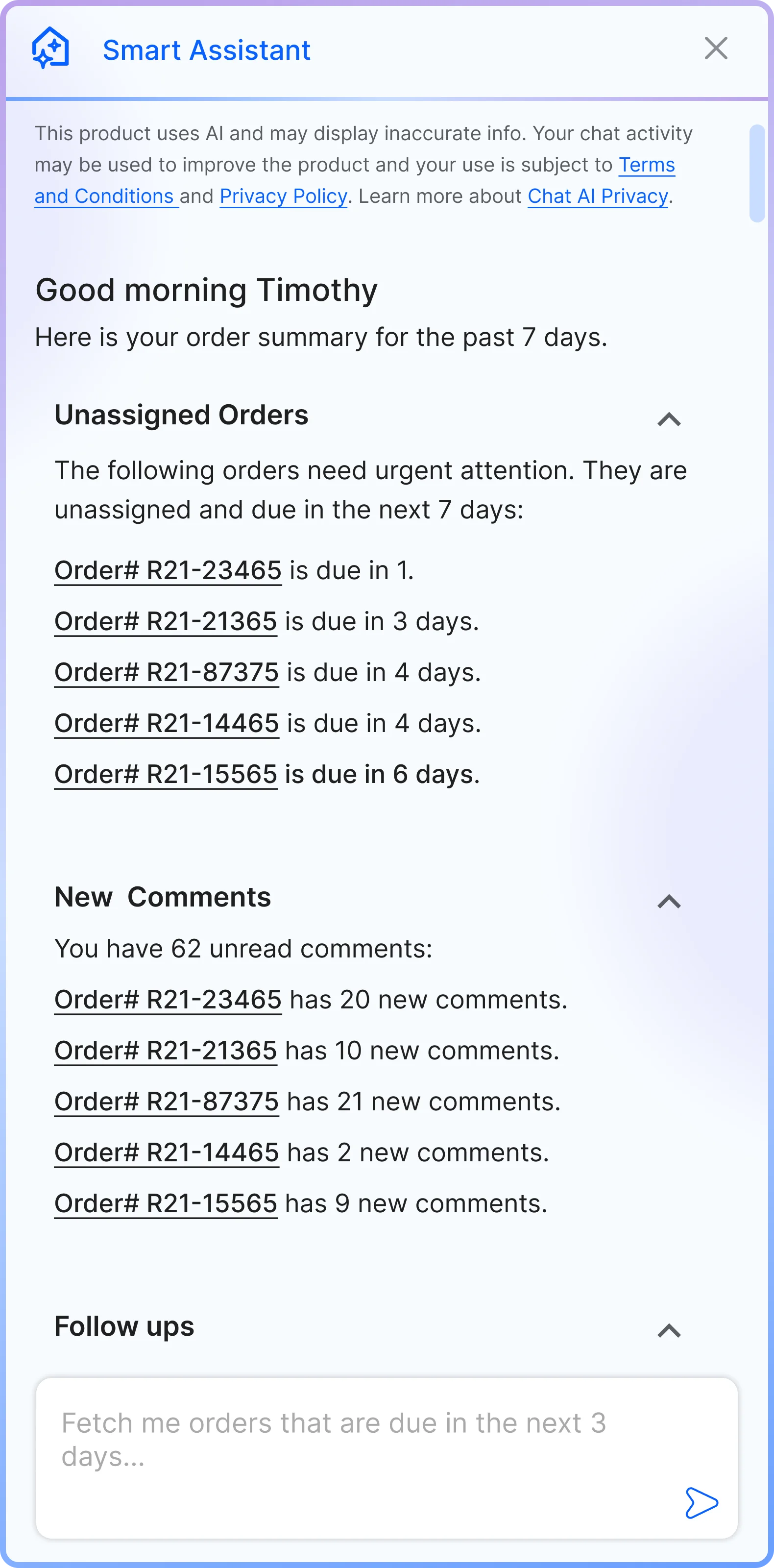 AI Workflow Agent side panel — order summary