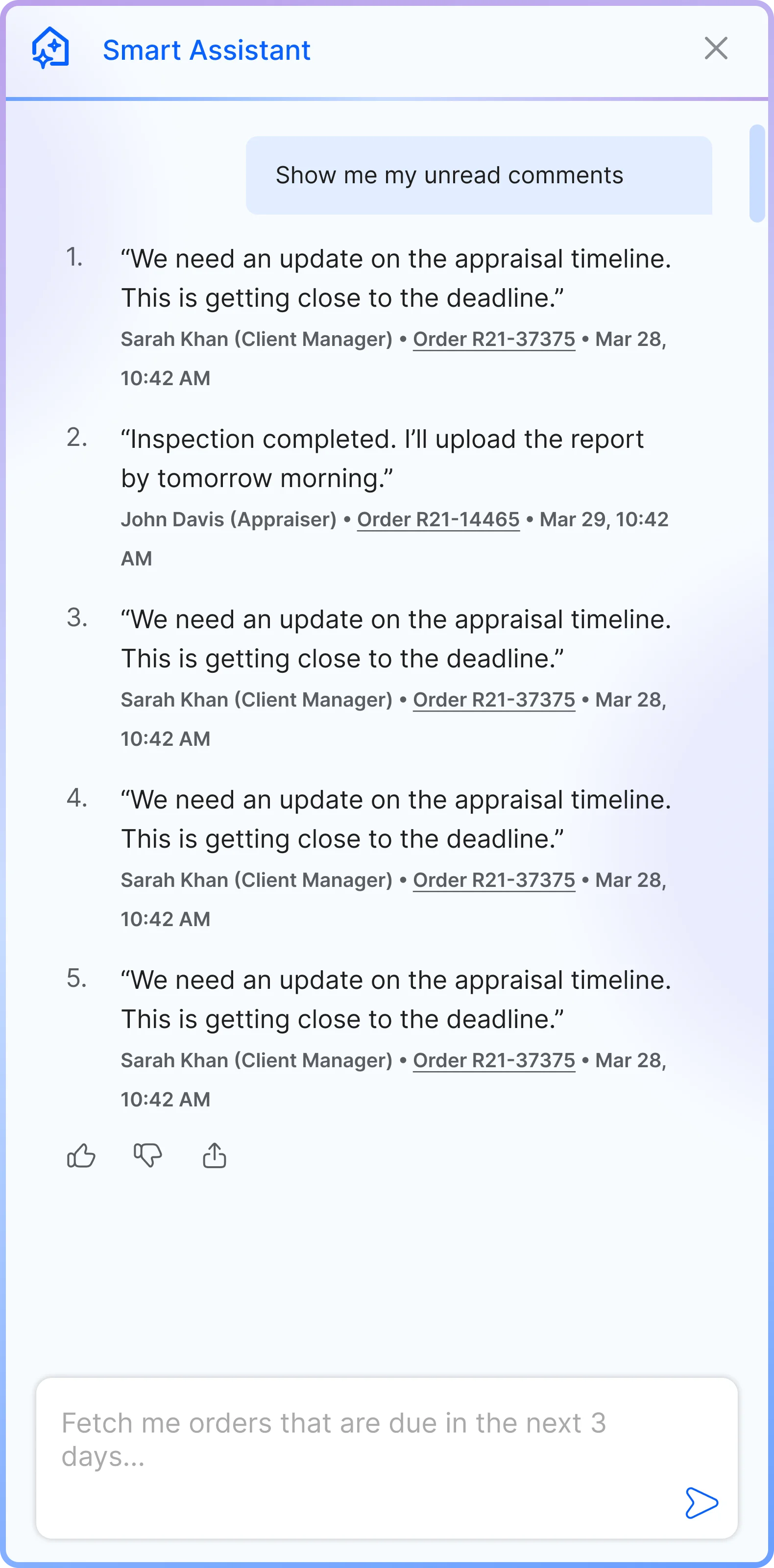 AI Workflow Agent side panel — comment feed