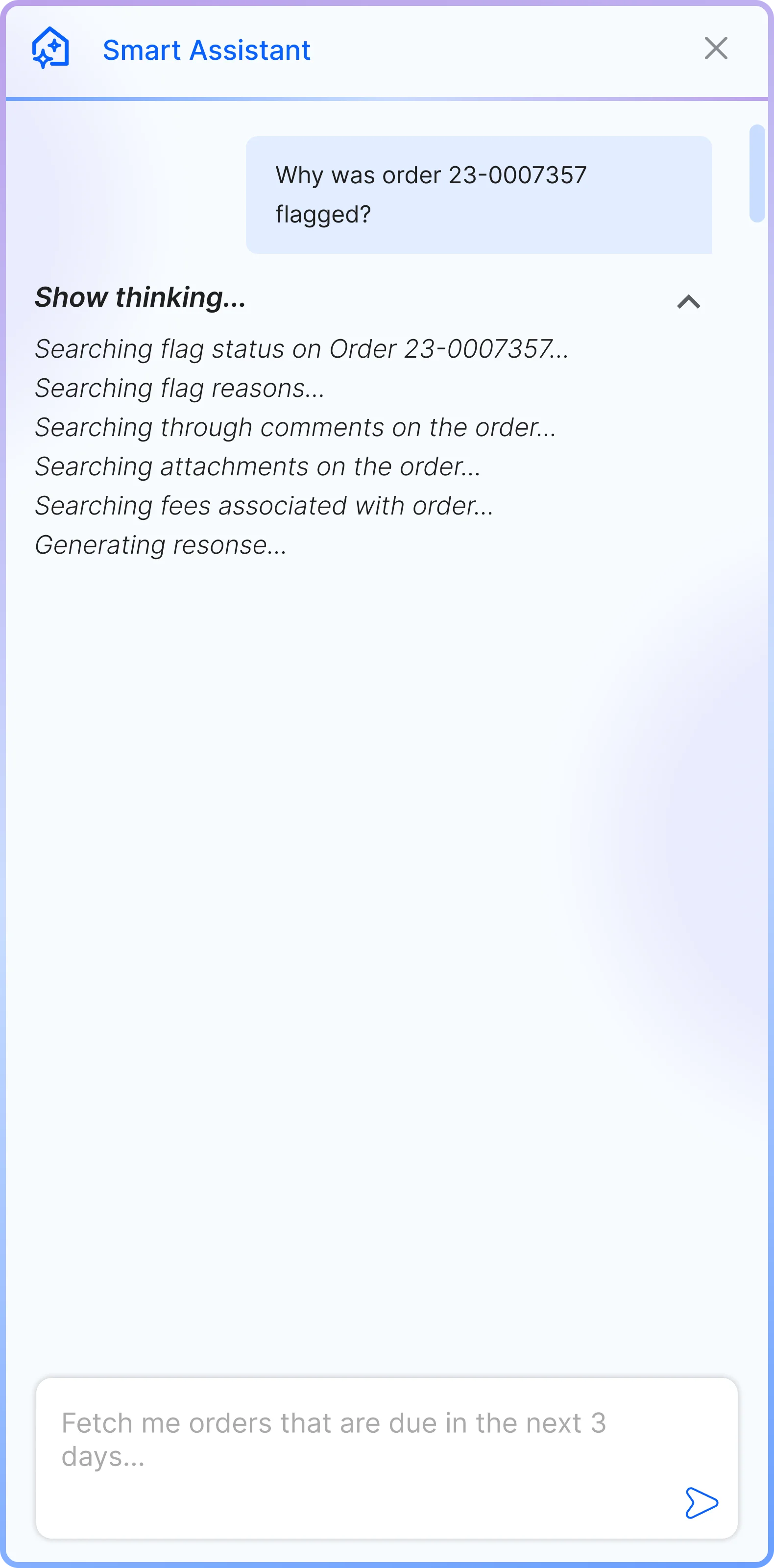 AI Workflow Agent side panel — live reasoning trace