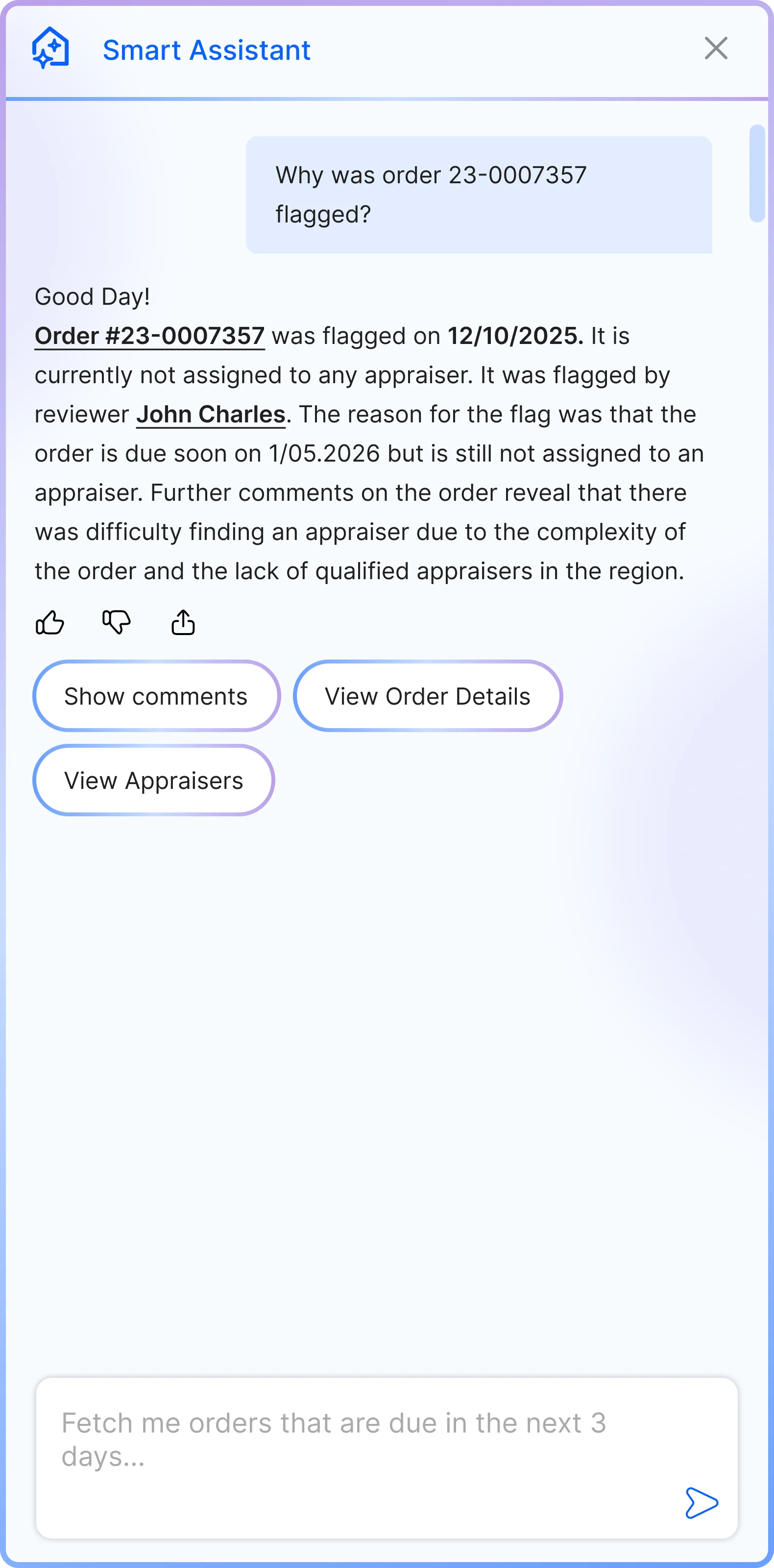 AI Workflow Agent side panel — flagged order answer