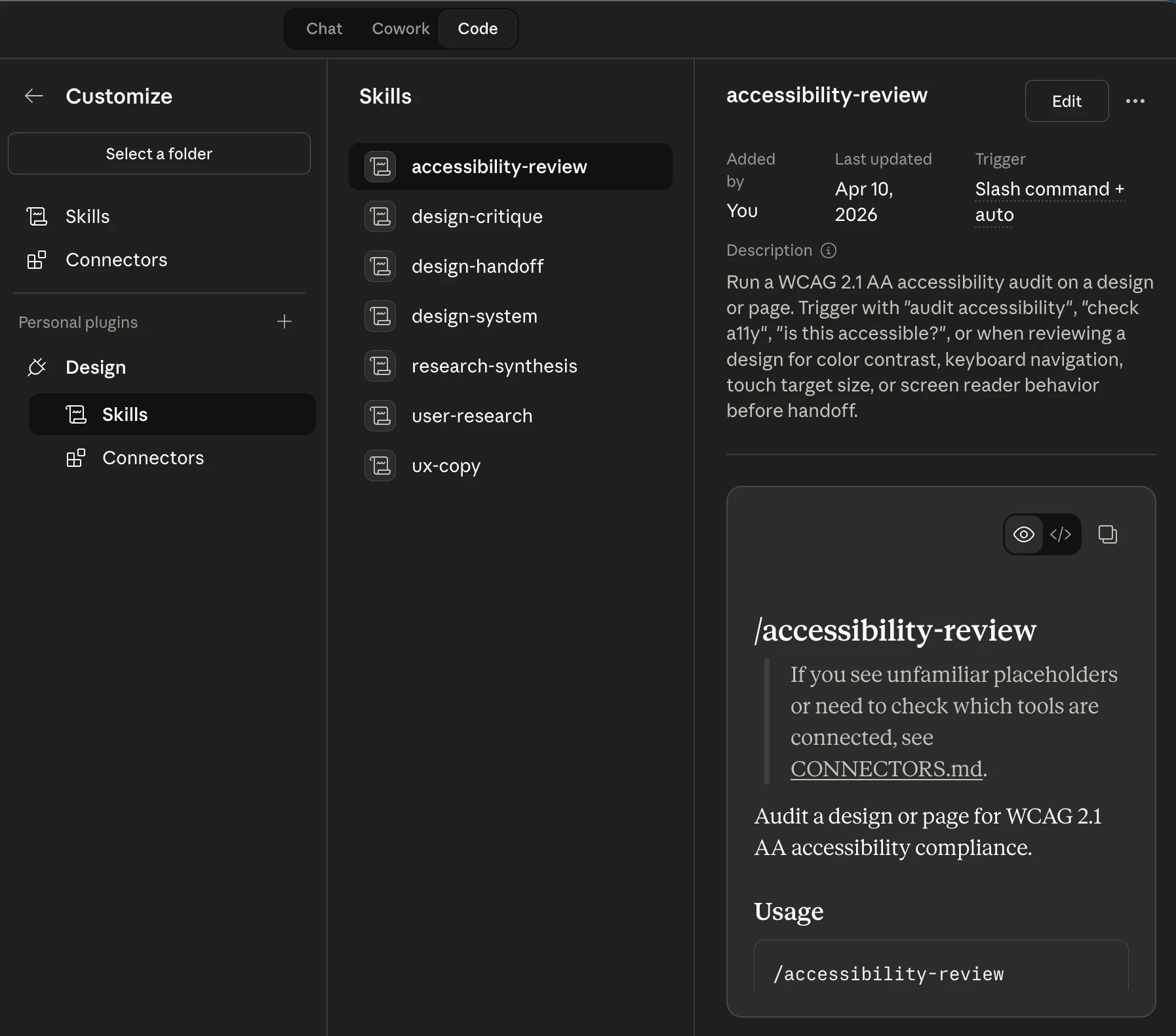 Claude Skills interface showing reusable actions